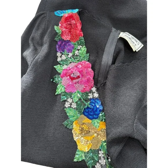Don Sayres Wellmore Black Santana Knit Dress Floral Applique USA 80s Vtg Size 10 - Picture 2 of 8